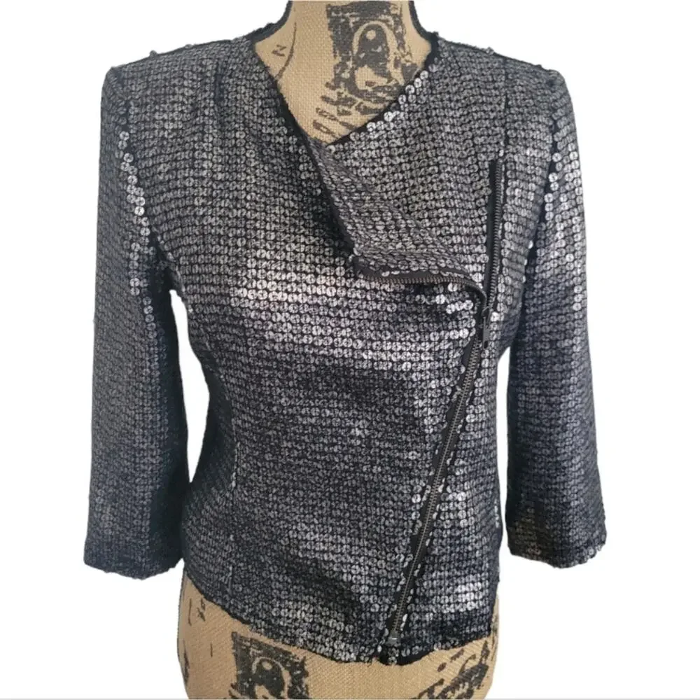 XS NWOT Express moto jacket, black & silver sequins, asymetrical zip